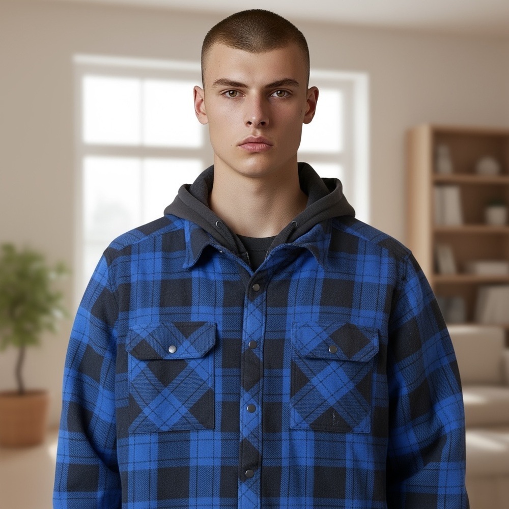 Men’s Boston Traders Blue & Black Plaid Lined Hooded Fleece Shacket